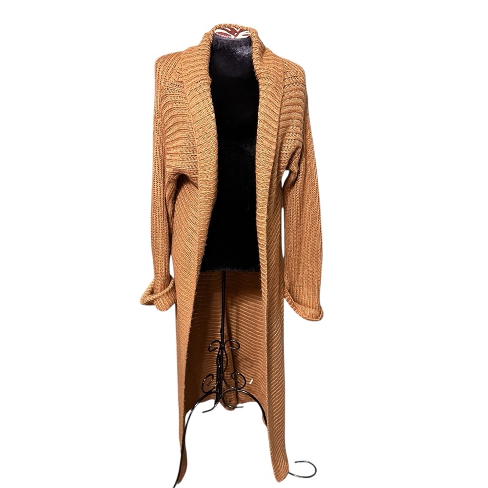 Entro Women’s Tan Caramel Long Open Front Cozy Cardigan Sweater Size Small
